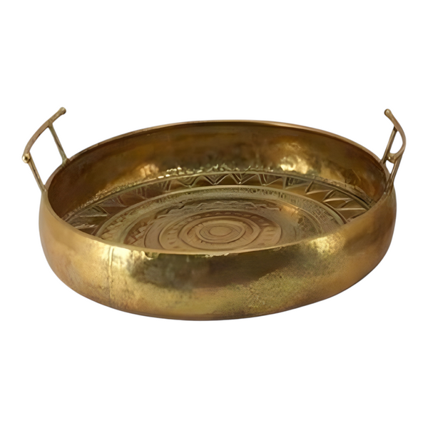 Set 2 Gold Plated Round Decorative Metal Trays with Handles