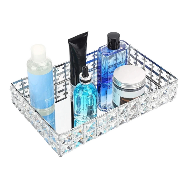 Silver Plated Rectangle Mirror Tray & Sparkling Bevelled Glass Crystal Jewels