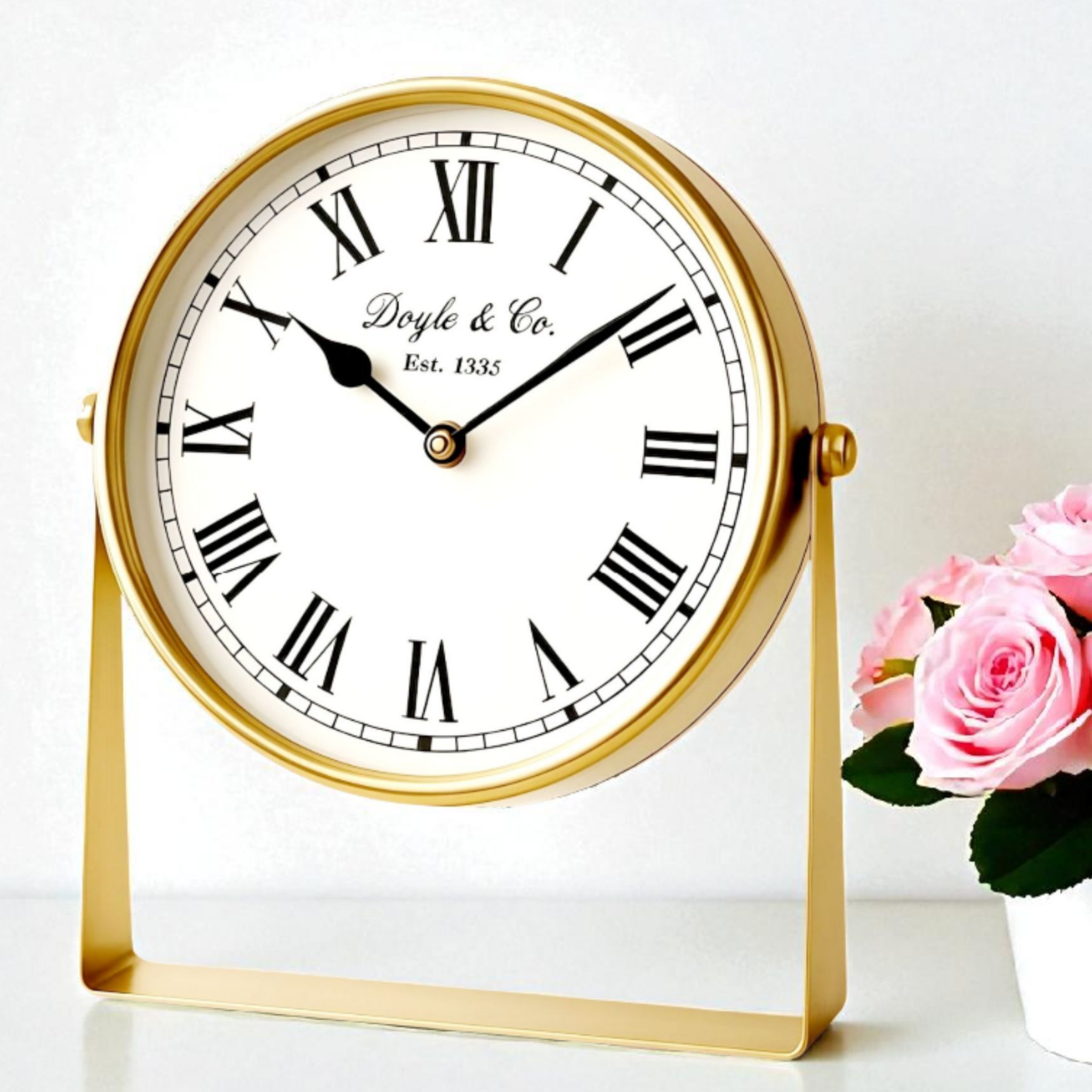 Gold Plated Round Mantel Clock On Stand