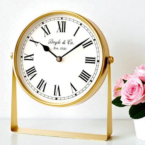 Gold Plated Round Mantel Clock On Stand