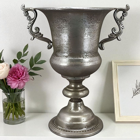 Brushed Antique Silver Rustic Urn Trophy Vase & Ornate Handles