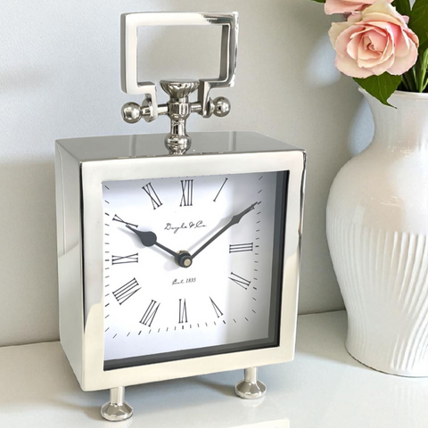 Shiny Silver Plated Footed Cube Mantel Clock
