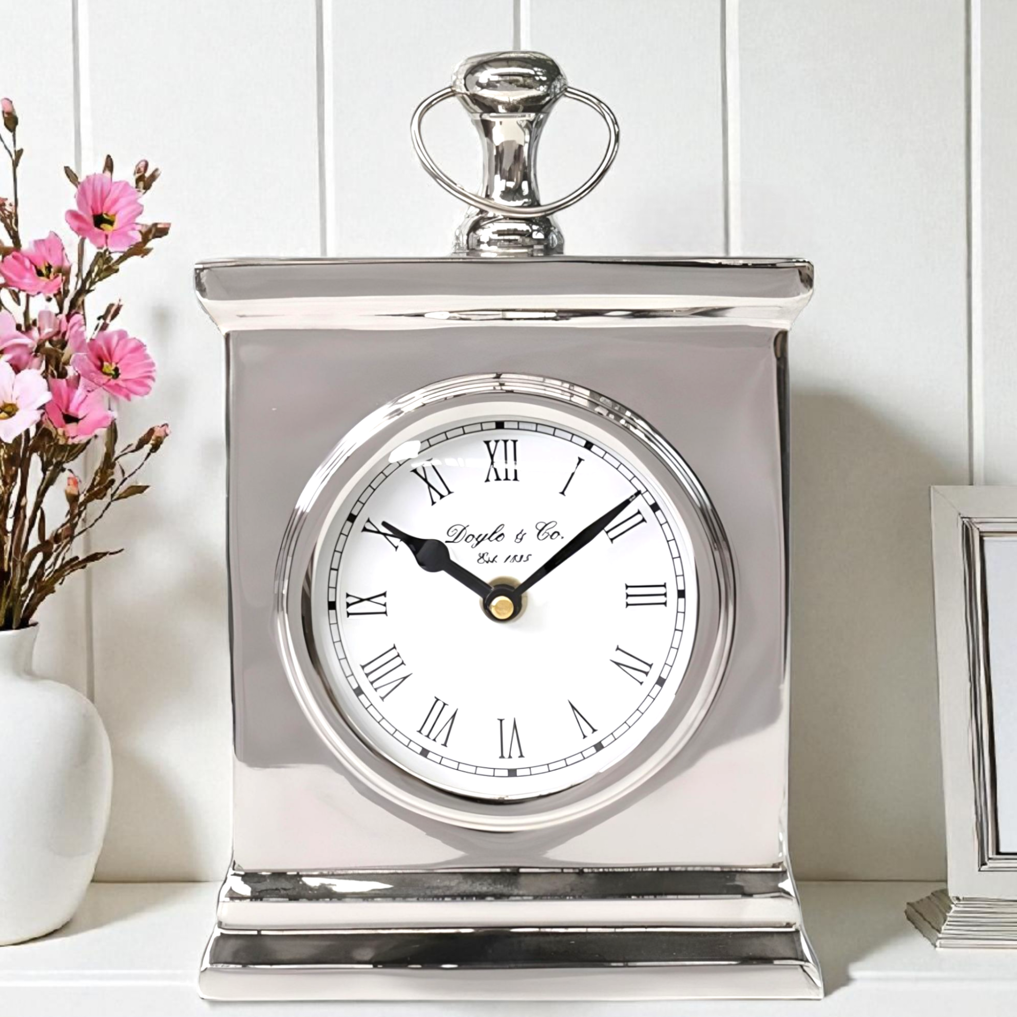 Shiny Silver Plated Rectangle Mantel Clock with White Face