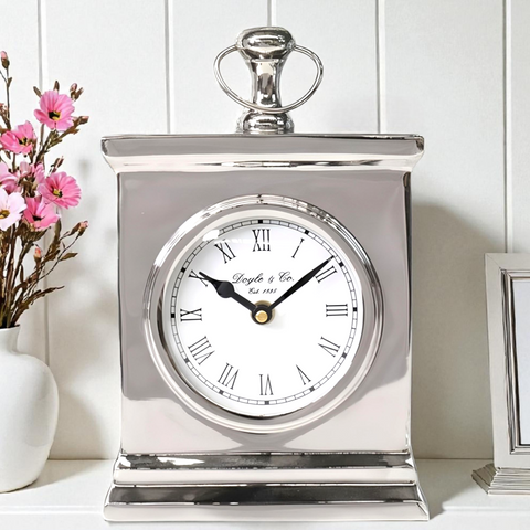 Shiny Silver Plated Rectangle Mantel Clock with White Face
