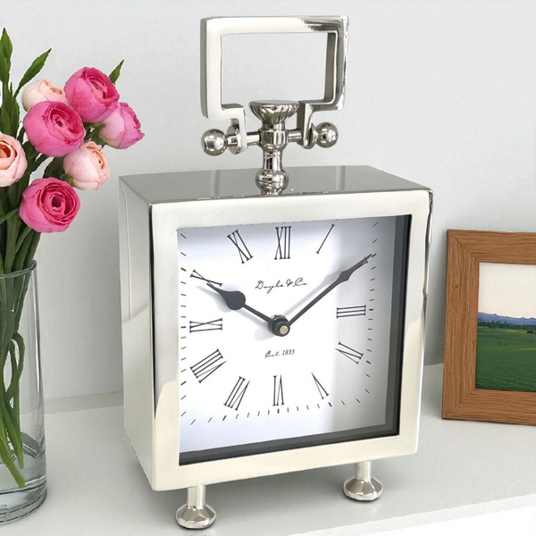 Shiny Silver Plated Footed Cube Mantel Clock