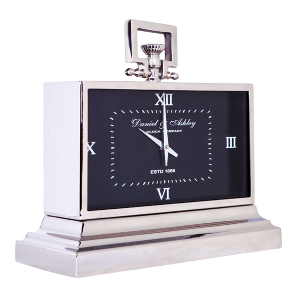 Large Silver Nickel Plated Black Face Daniel & Ashley Mantel Clock