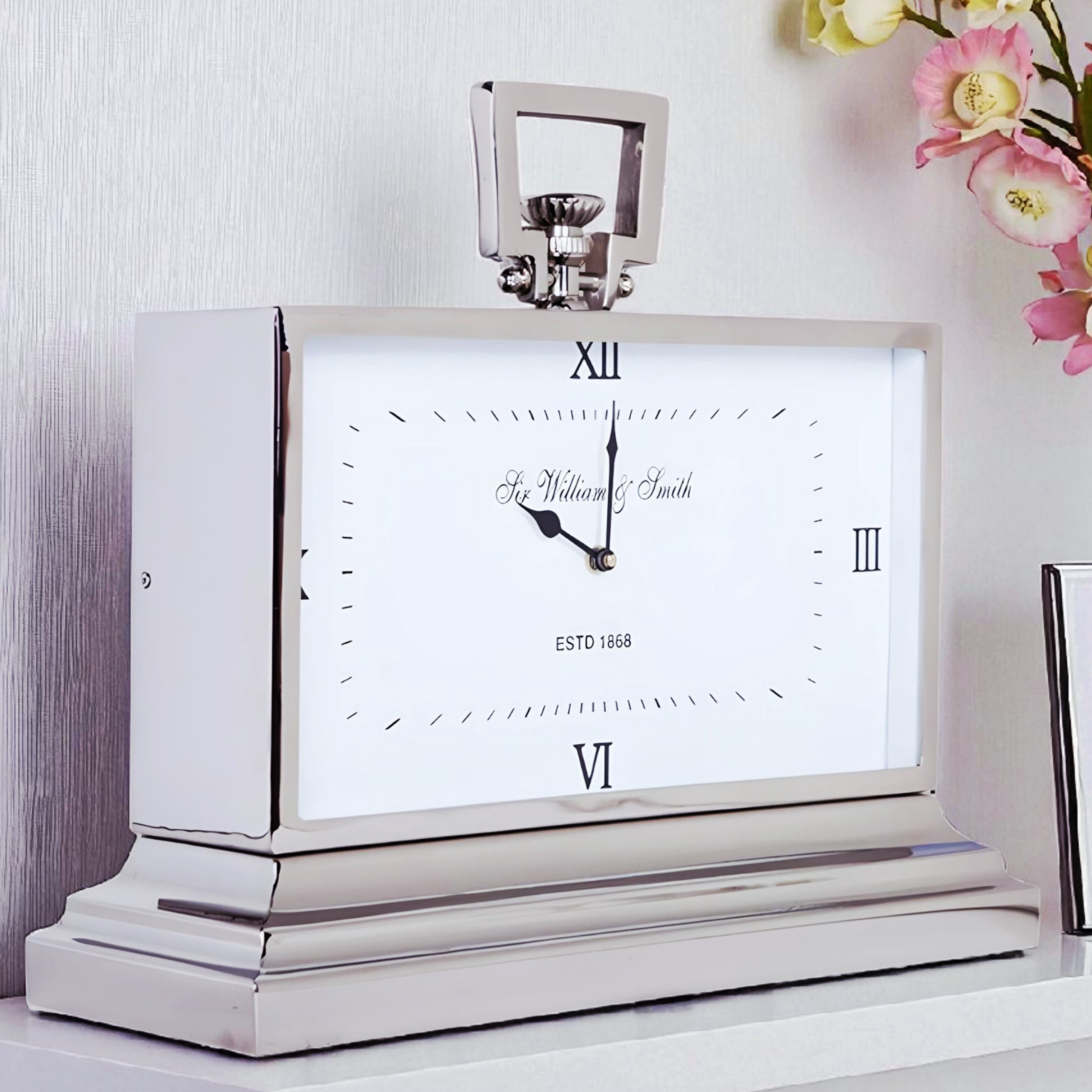 Large Silver Nickel Plated White Face Sir William & Smith Mantel Clock