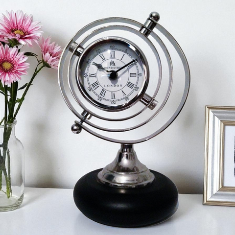 Shiny Silver Plated Bond Street Globe Clock on Black Base