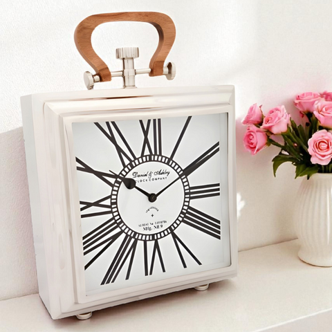 Large Silver Nickel Plated Daniel & Ashley Mantel Clock Wooden Handle