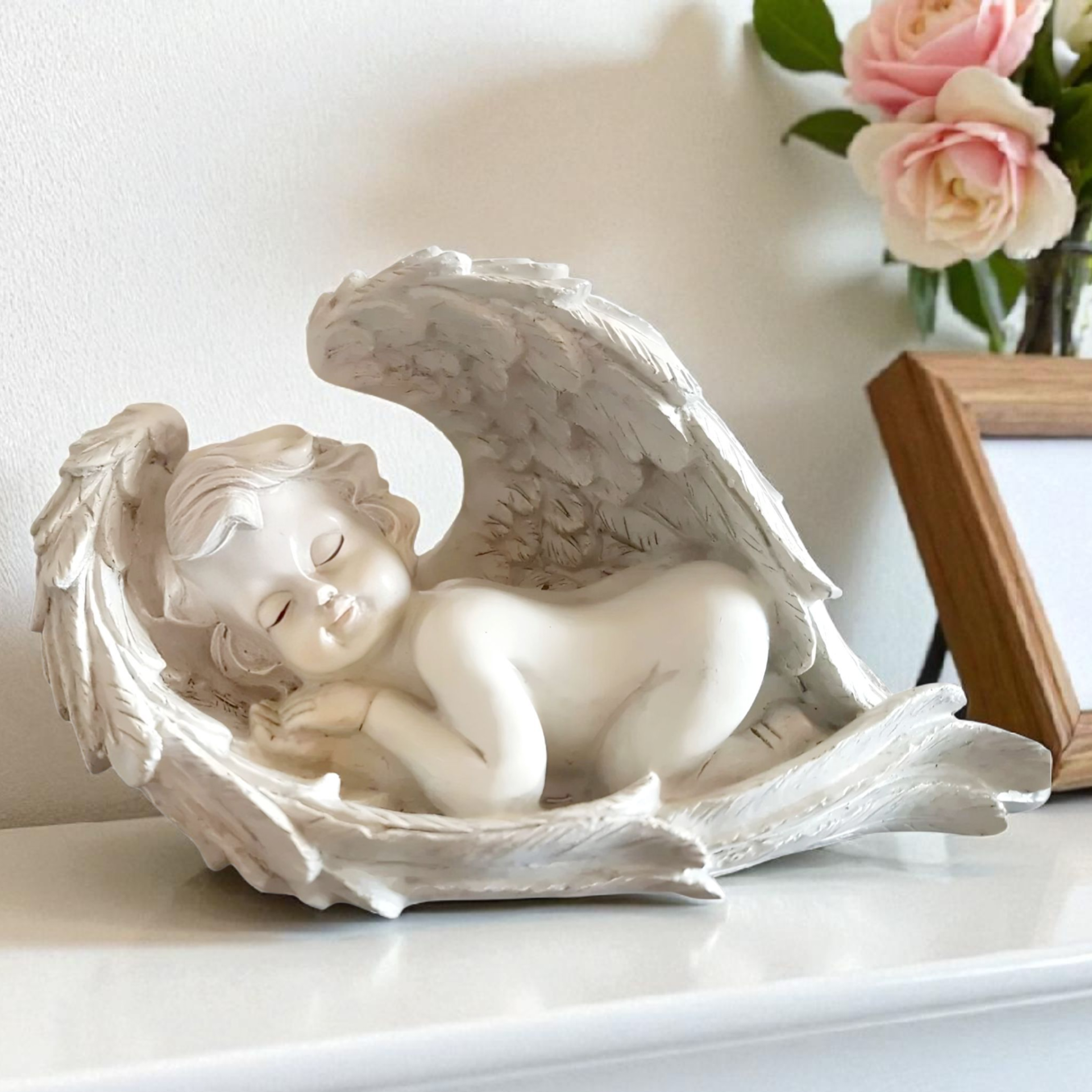 Sleeping Angel Cherub Statue In Wings