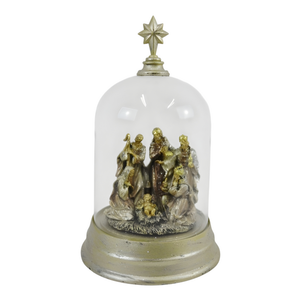 Christmas Musical & Light Up Nativity Scene In Glass Dome Cloche & Top Cross