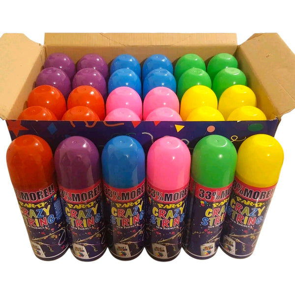 Set 24 Crazy Party Silly String Cans In Display Box- 6 Assorted Colours 250mls
