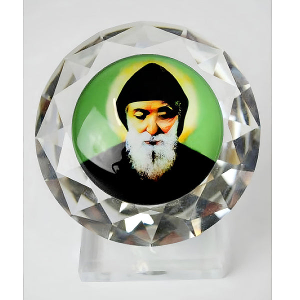 Catholic Saint Charbel Icon On Round Crystal Cut Glass Plaque Stand Ornament