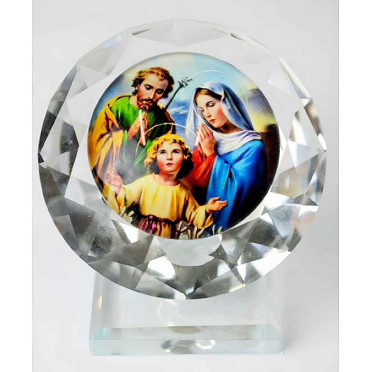 Catholic The Holy Family Icon On Round Crystal Cut Glass Plaque Stand ...