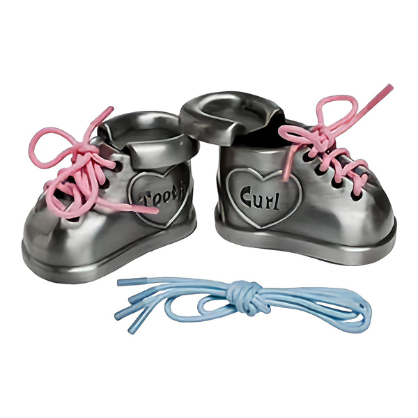 Set of 2 silver Pewter First Tooth & First Curl Baby Shoe Booties bootie trinket gift set with Pink & Blue Laces Keepsake baby children's newborn baptism christening baby shower gift 