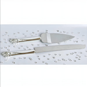 Set 2 Silver Cake Server & Knife with Crystal Diamantes Double Hearts Handles