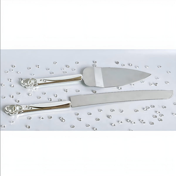 Set 2 Silver Cake Server & Knife with Crystal Diamantes Double Hearts Handles