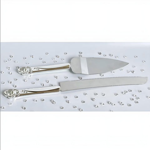 Set 2 Silver Cake Server & Knife with Crystal Diamantes Double Hearts Handles