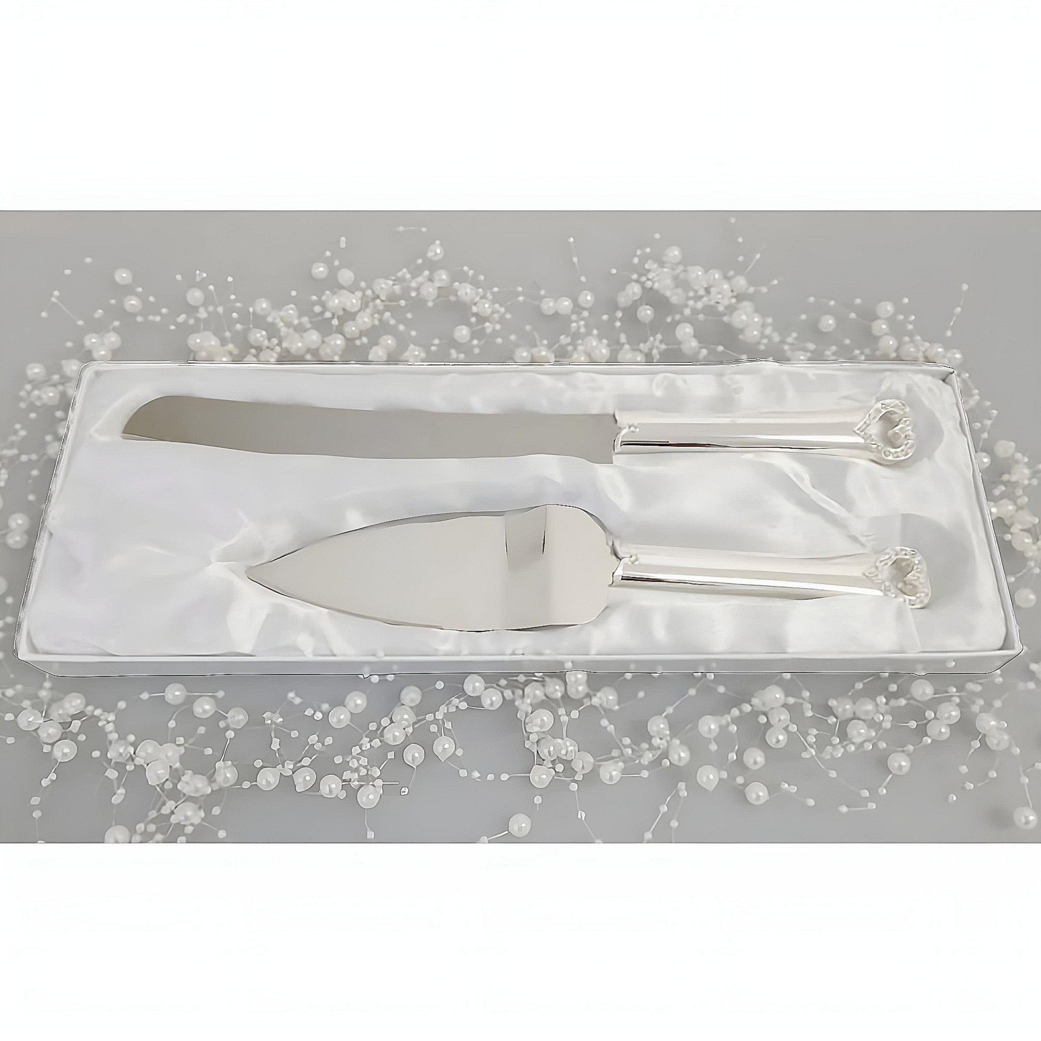 Set 2 Silver Cake Server & Knife with Crystal Diamantes Heart Handles