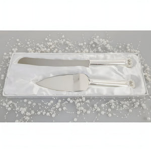 Set 2 Silver Cake Server & Knife with Crystal Diamantes Heart Handles