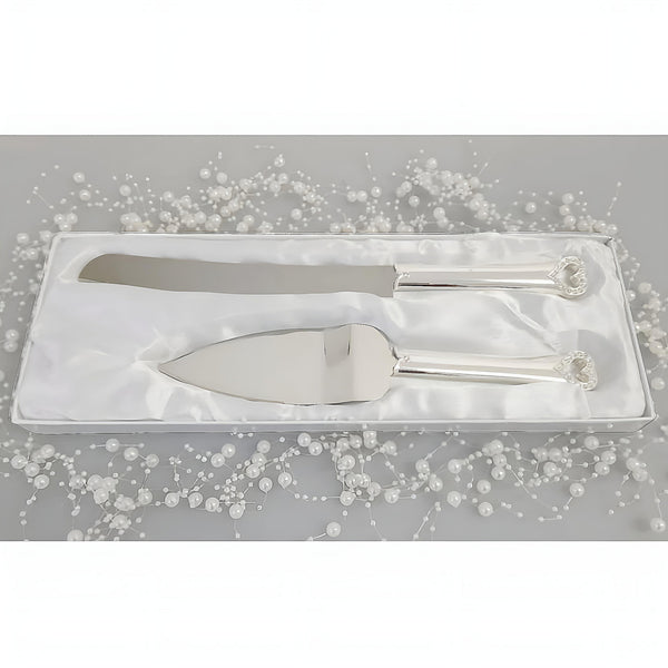 Set 2 Silver Cake Server & Knife with Crystal Diamantes Heart Handles