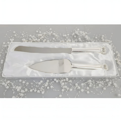Set 2 Silver Cake Server & Knife with Crystal Diamantes Heart Handles