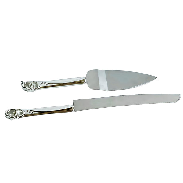 Set 2 Silver Cake Server & Knife with Crystal Diamantes Double Hearts Handles