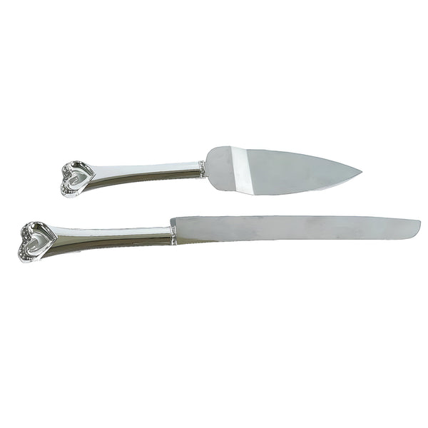 Set 2 Silver Cake Server & Knife with Crystal Diamantes Heart Handles