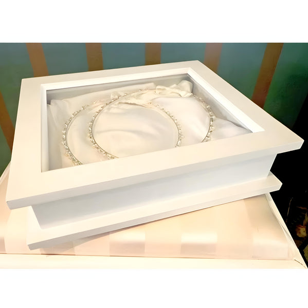 White Wood & Clear Glass Top Lid Wedding Stefana Crowns Keepsake Display Box
