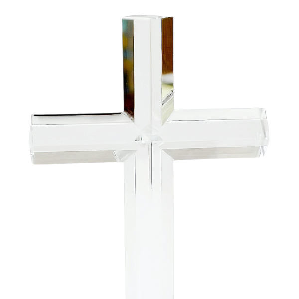 Clear Crystal Cut Glass Standing Religious Cross On Black Stand