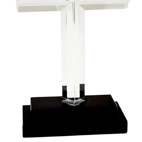 Clear Crystal Cut Glass Standing Religious Cross On Black Stand