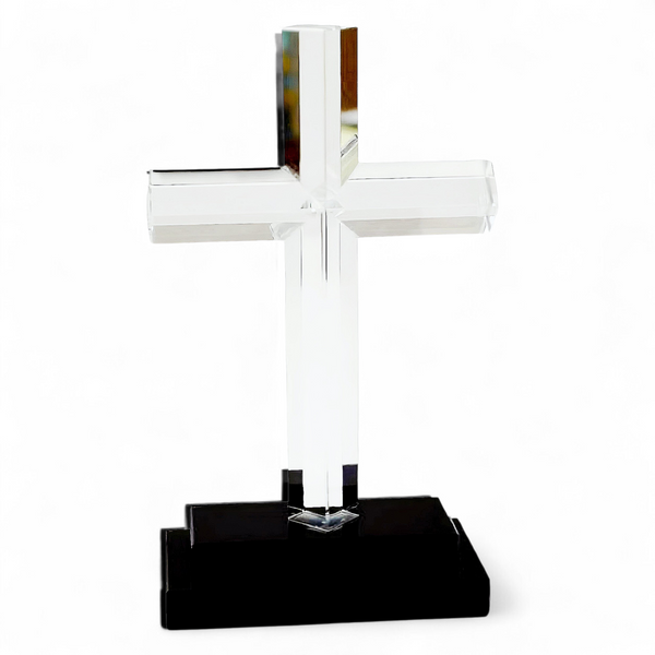 Clear Crystal Cut Glass Standing Religious Cross On Black Stand