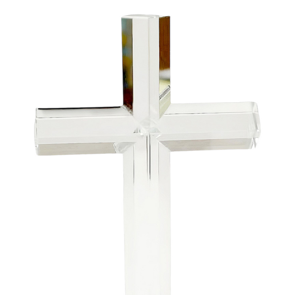 Clear Crystal Cut Glass Standing Religious Cross On Black Stand