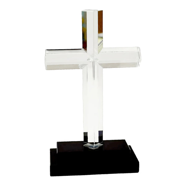 Clear Crystal Cut Glass Standing Religious Cross On Black Stand