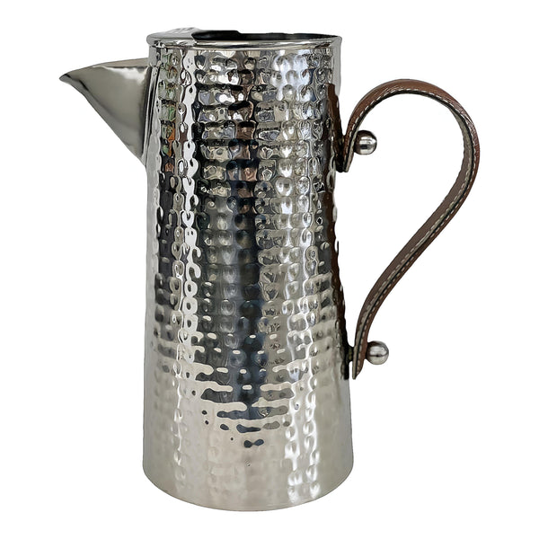 Silver Hammered Stainless Steel Water Jug Pitcher & Brown Leather Handle- 25cm