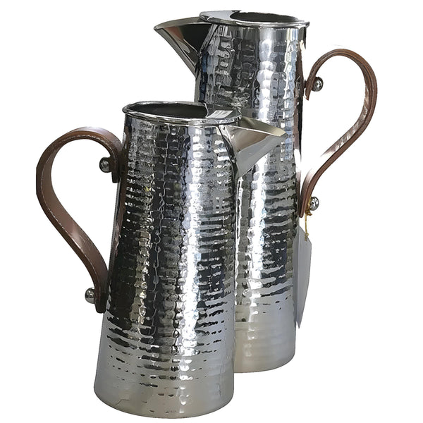 Silver Hammered Stainless Steel Water Jug Pitcher & Brown Leather Handle- 25cm