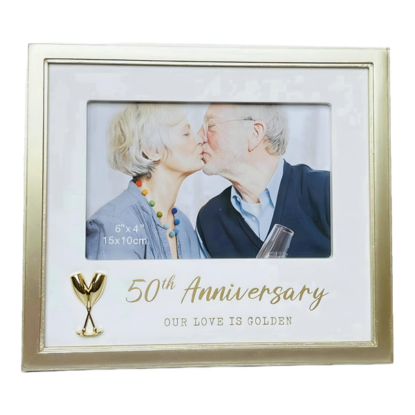 Golden 50th Anniversary Photo Frame with Champagne Flutes Motif