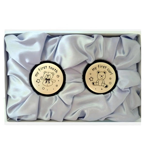 Set 2 Blue Baby Boy Teddy Bear First Tooth & First Curl in Satin Gift Box