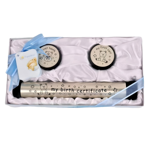 3 Piece Blue Baby Boy Birth Certificate Holder, First Tooth & Curl Keepsake In Satin Gift Box Set