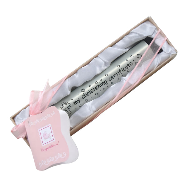 Pink Baby Girl My Christening Certificate Holder In Satin Gift Box