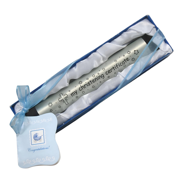 Blue Baby Boy My Christening Certificate Holder In Satin Gift Box