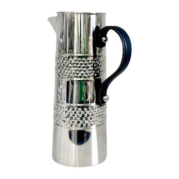 Silver Double Band Stainless Steel Water Jug Pitcher & Black Leather Handle- 33cm