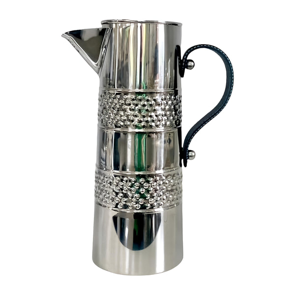 Silver Double Band Stainless Steel Water Jug Pitcher & Black Leather Handle- 33cm