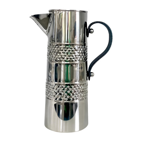 Silver Double Band Stainless Steel Water Jug Pitcher & Black Leather Handle- 33cm