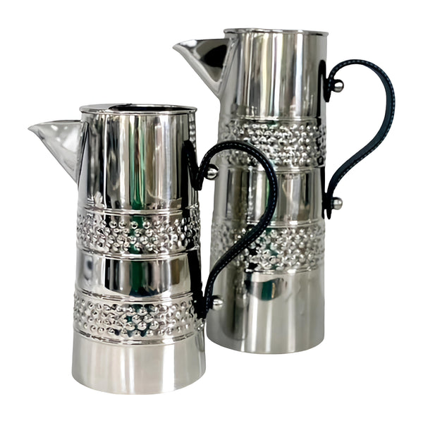 Silver Double Band Stainless Steel Water Jug Pitcher & Black Leather Handle- 33cm