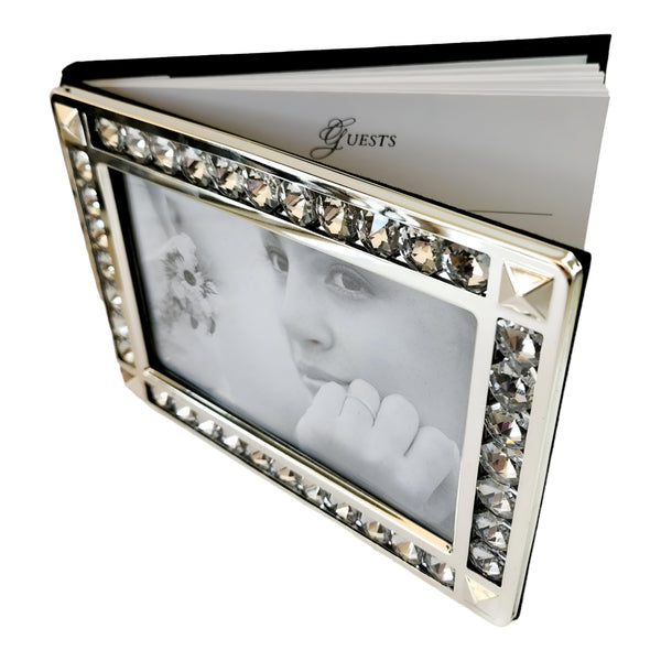 Silver Crystal Jewels Edge & Frame Wedding Guest Book in Gift Box