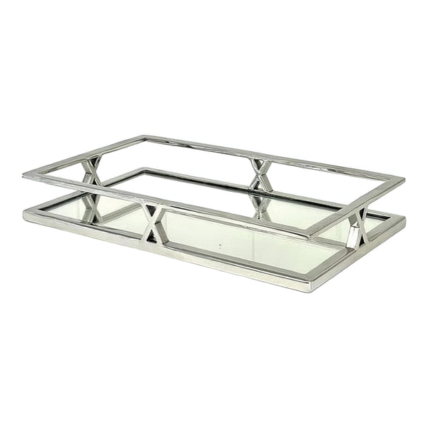 Silver Plated Rectangle Ten X Decorative Deluxe Vanity Mirror Tray
