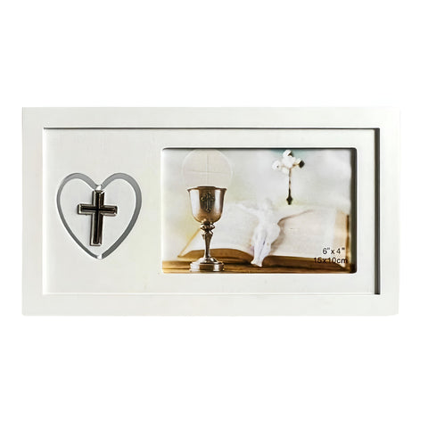 White Christening Photo Frame with Rotating Double Sided Heart