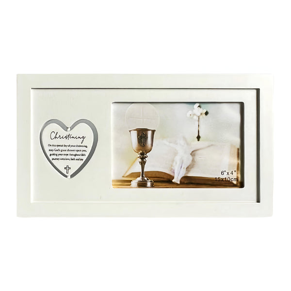 White Christening Photo Frame with Rotating Double Sided Heart