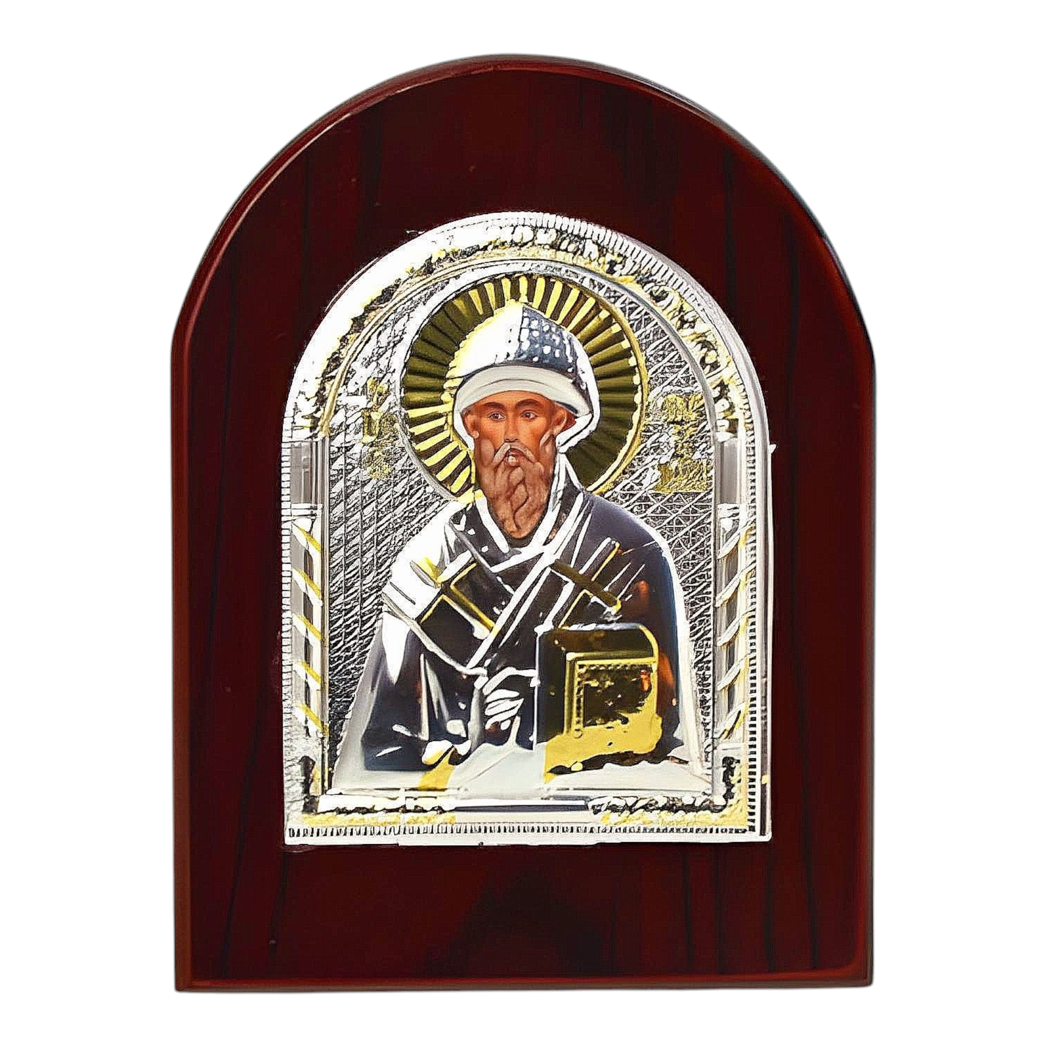 Orthodox Silver & Gold Plated Saint Spyridon Icon Plaque Red Wood Frame